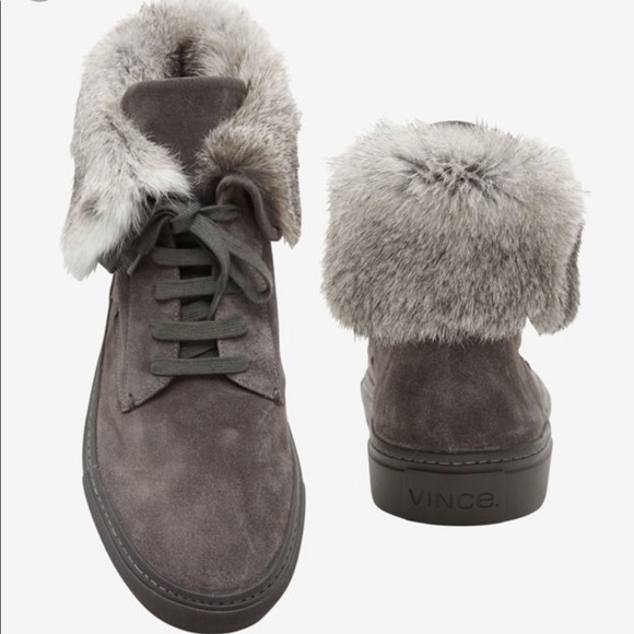 VINCE Womens NYACK Gray Suede, fur trim sneaker, 8 - Picture 2 of 6